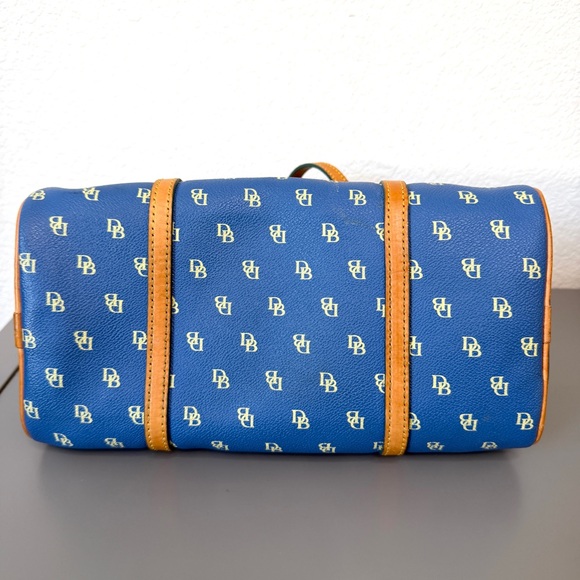 Dooney and Bourke Blue Signature Coated Canvas Barrel Bag and Tan Leather Straps - Picture 6 of 11